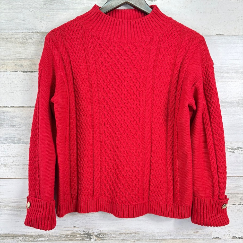 Talbots Petite Red Cable Knit Mock Neck Sweater 3/4 Sleeve Gold Button Cuffs MP